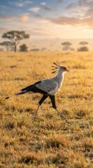 Fototapeta premium Secretary Bird Striding Across African Savannah at Sunrise.