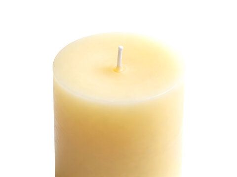 Unlit Cylindrical Pale Yellow Pillar Candle On White Background