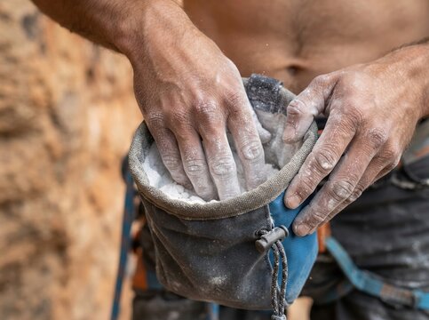 climbing chalk hands closeup Worker&rsquo;s hands covered in dust while handling a chalk or powder bag