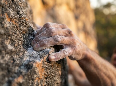 climbing chalk hands closeup Close-up of a chalked hand gripping a rough rock climbing surface.