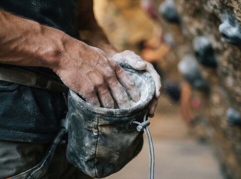climbing chalk hands closeup Close-up of climber chalking hands with chalk bag on climbing wall