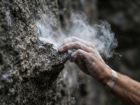 climbing chalk hands closeup A climber's chalky hand gripping a rock wall with dust particles in the air.