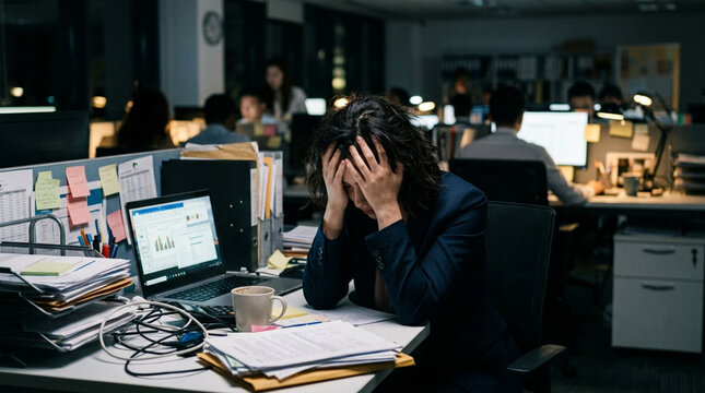 Stressed Woman Working Late Overwhelmed by Office Workload and Deadlines