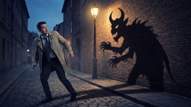 Frightened man in trench coat running from a scary monster shadow on a dark brick wall, illuminated by a vintage street lamp in a narrow city alley at dusk, symbolizing fear and danger