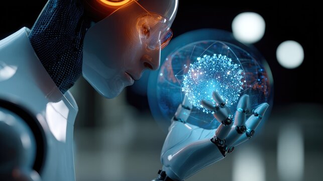 Humanoid Robot Examining Holographic Human Brain with Artificial Intelligence