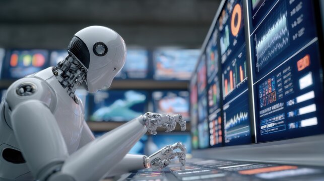 Humanoid Robot Analyzing Real-Time Data on Digital Dashboard