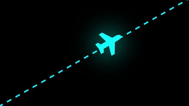 Glowing airplane animation with flight path trail on black background, for travel and, logistics aircraft
