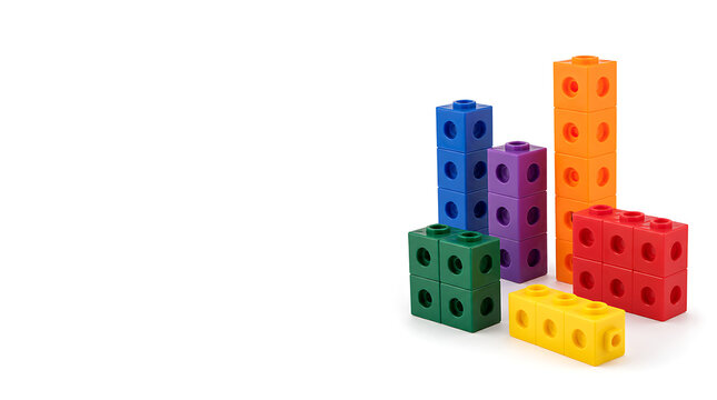 Colorful plastic math cubes are stacked together on a white surface.