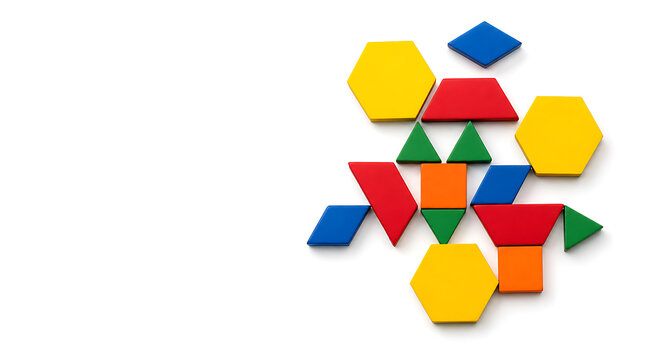 Colorful wooden geometric shapes are arranged on a white background.