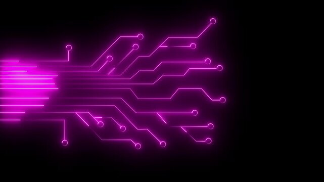 Neon pink circuit board animation, glowing digital data flow background, futuristic technology concept for cyber security and artificial intelligence projects