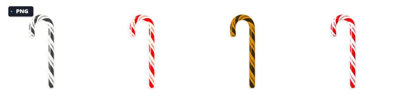 Minimalist candy cane vector icons set with stripes pattern in red and orange colors for christmas celebrations and decorations.