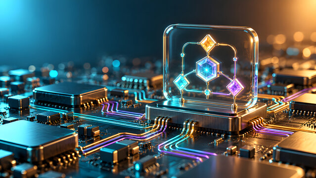 Connected Network Nodes on a Glowing Circuit Board