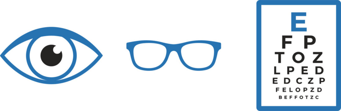 Ophthalmology and optometry vector icon set featuring a blue human eye glasses frame and a snellen eye chart for vision testing examination