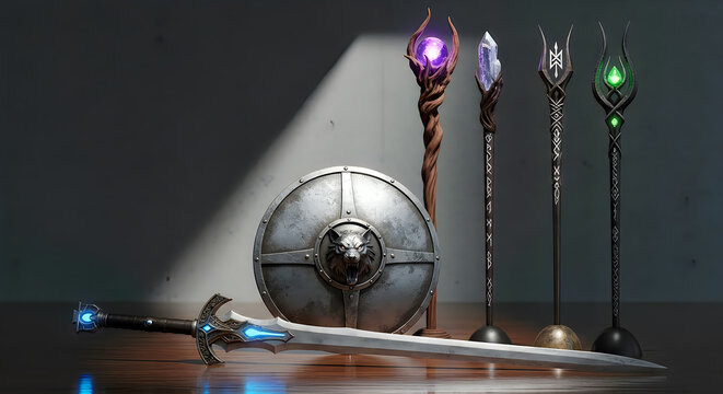 Set of fantasy weapons including a glowing sword, shield with a wolf emblem, and various magic staffs.