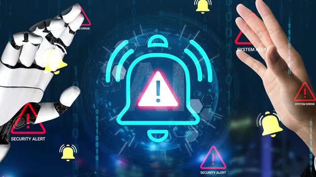 Futuristic Robot Hand and Human Hand Interacting with Digital Security Alert Symbols in a High-Tech Environment Gluon.