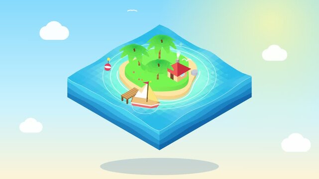 3D isometric tropical island with rocking sailboat, palm trees and moving waves, bright colorful seamless loop animation