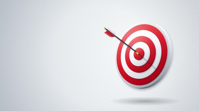 3D Red and White Target with Arrow Hitting Bullseye, Copy Space Left