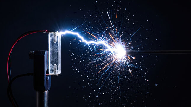 Piezoelectric crystal releases electric spark against dark background