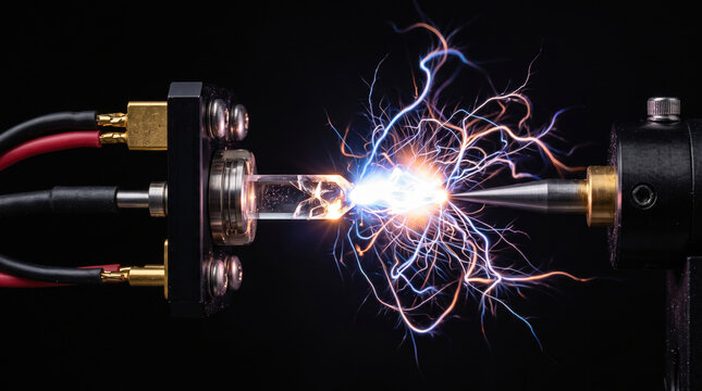 Piezoelectric crystal spark glowing against black background with electric discharge creating dramatic scientific display