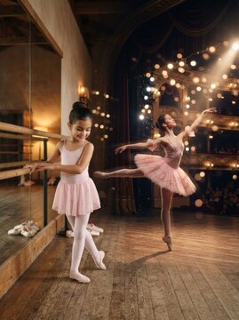 Two young ballerinas practicing dance moves in a studio with warm lighting.