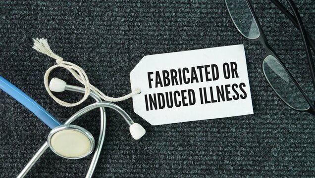 Stethoscope and paper tag with the words Fabricated or induced illness. rare form of abuse where a caregiver exaggerates, lies about, or deliberately induces medical symptoms in a dependent most commo