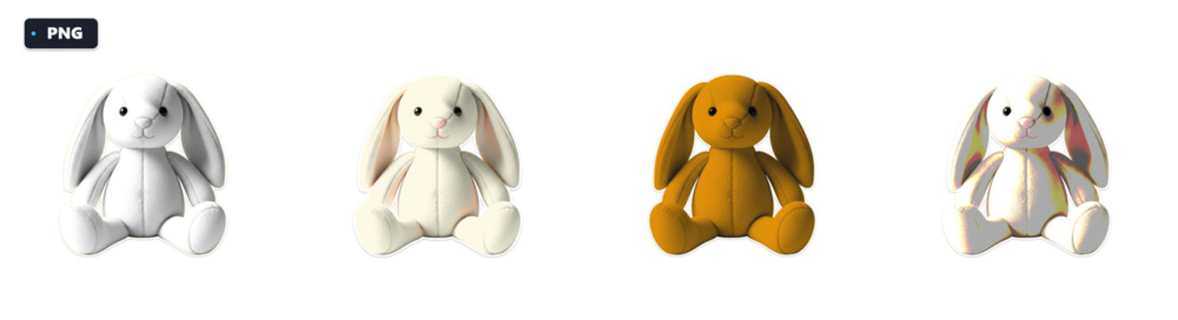 Realistic 3d plush bunny toy collection featuring white cream and orange fabric textures for nursery decor and children gift icons.
