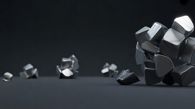 A collection of metallic cubes are arranged in a studio setting with a dark gray background geometric arrangement
