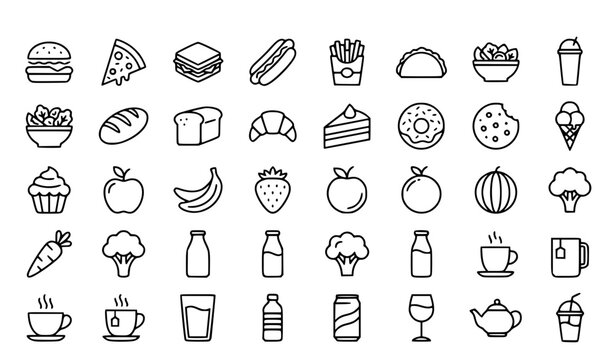 Food and Beverage Vector Icon Collection Featuring Fast Food, Pizza, Burgers, Bakery Items, Fresh Fruits, Vegetables, Coffee, Drinks and Desserts