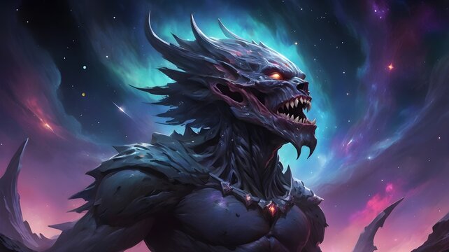 Menacing Dark Fantasy Monster with Glowing Red Eyes and Reptilian Skin Against a Vibrant Cosmic Nebula Sky