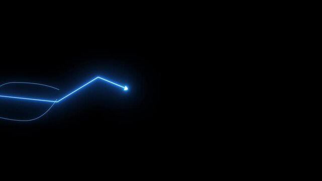 A bright blue neon line with an arrow-shaped tip creates a sharp angled path moving upwards and to the right against a dark black background Keywords: abstract, blue, neon, line, arrow, tip
