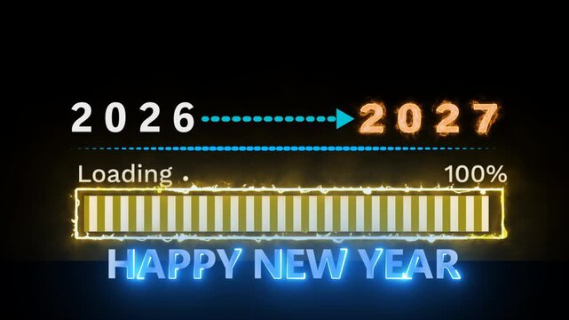 2027 new year typography text animation coming from 2026 year. New year 2027 vibe with loading digital countdown bar burning fire effect celebration 4k video