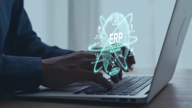 ERP platform visual showing centralized system for enterprise resource planning, improving integration, data flow, business efficiency, finance, inventory, and human resources. Elide