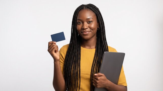 Smiling African American woman holding credit card and laptop for online banking