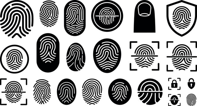 Fingerprint scanner vector silhouette collection featuring biometric security identification icons unique thumbprint scan symbols shield and lock