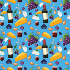 Naklejka premium Seamless Vector Pattern with Red Wine Grapes and Cheese