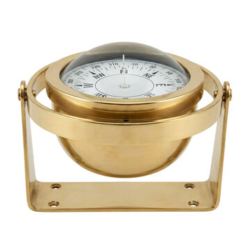 Brass marine compass for boating, isolated on transparent background
