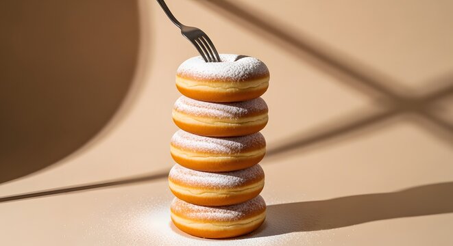 Stack of Delicious Glazed Donuts with Fork on Beige Background.