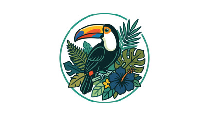 Fototapeta premium Toucan bird emblem framed by tropical flowers and foliage.