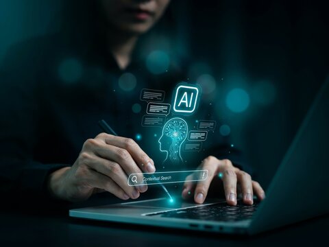 Person using a laptop with a digital ai interface overlay representing artificial intelligence, machine learning, and contextual search