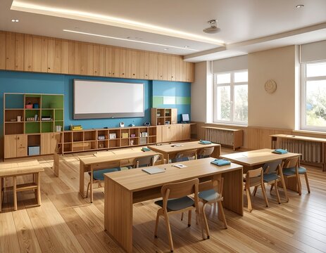 Modern Smart Primary School Classroom with Interactive Whiteboard Technology
