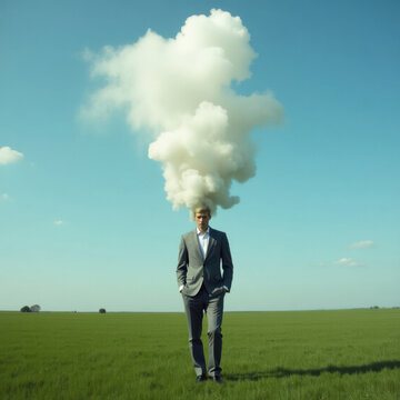 Young man in suit with cloud emerging from head in green field