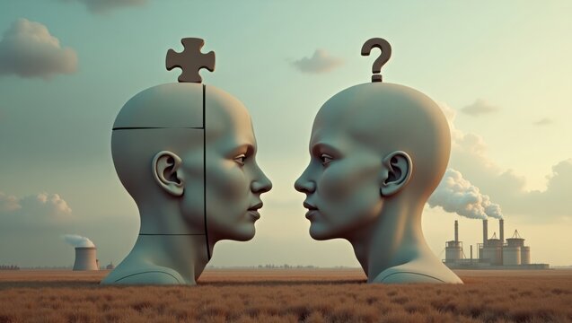 Conceptual Human Heads with Puzzle and Question Mark Symbols