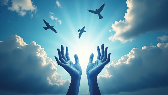 Hands Releasing Birds into Blue Sky with Radiant Sunlight