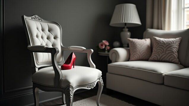 Elegant White Chair with Red High Heel in Modern Living Room