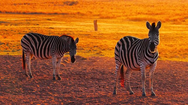 Two zebras standing in african savanna during golden hour sunset