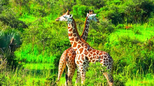 Two giraffes standing together in a lush green african savanna