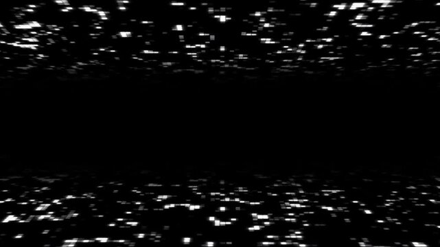 White glowing pixel clusters frame a deep black void, creating dramatic negative space for tron backgrounds, gaming graphics, and presentations.