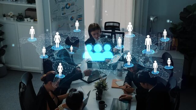 Modern Office Meeting with Digital Connections and Global Networking Concept, Team Collaboration and Data Visualization in Professional Environment. Entropy.