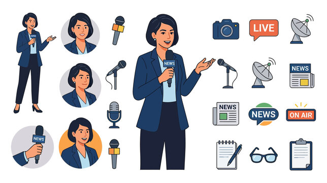 News Reporter Character and Icons Set