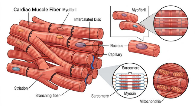 Cardiac muscle fiber structure diagram showing myofibril intercalated disc sarcomere and mitochondria vector illustration

